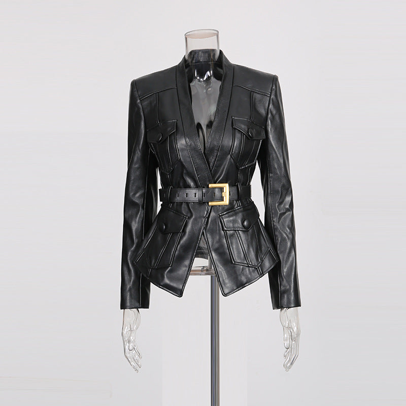 Women's belt multi-pocket  blazer