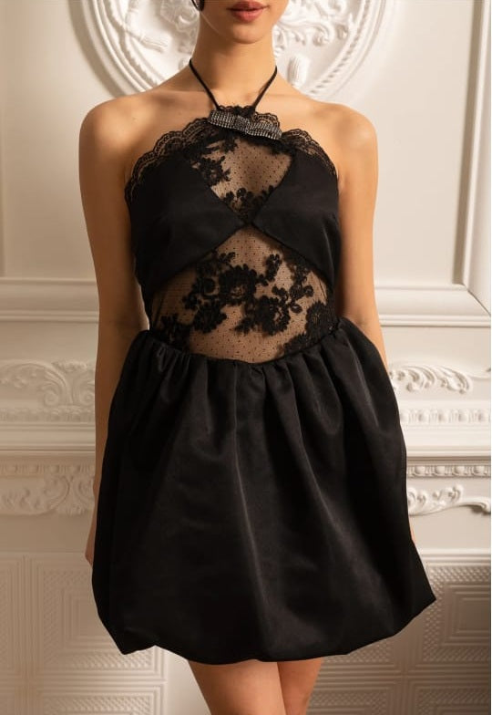 Mini Dress With Ruffled Skirt And Sheer Floral Lace Patterns - Black