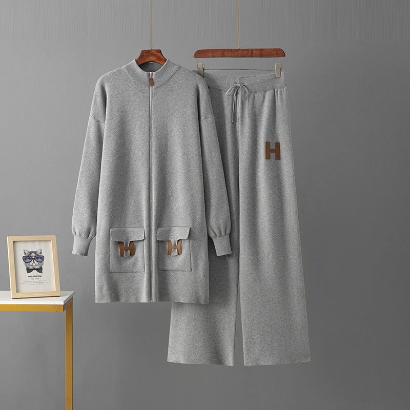 Top + drawstring loose wide-leg pants two-piece set