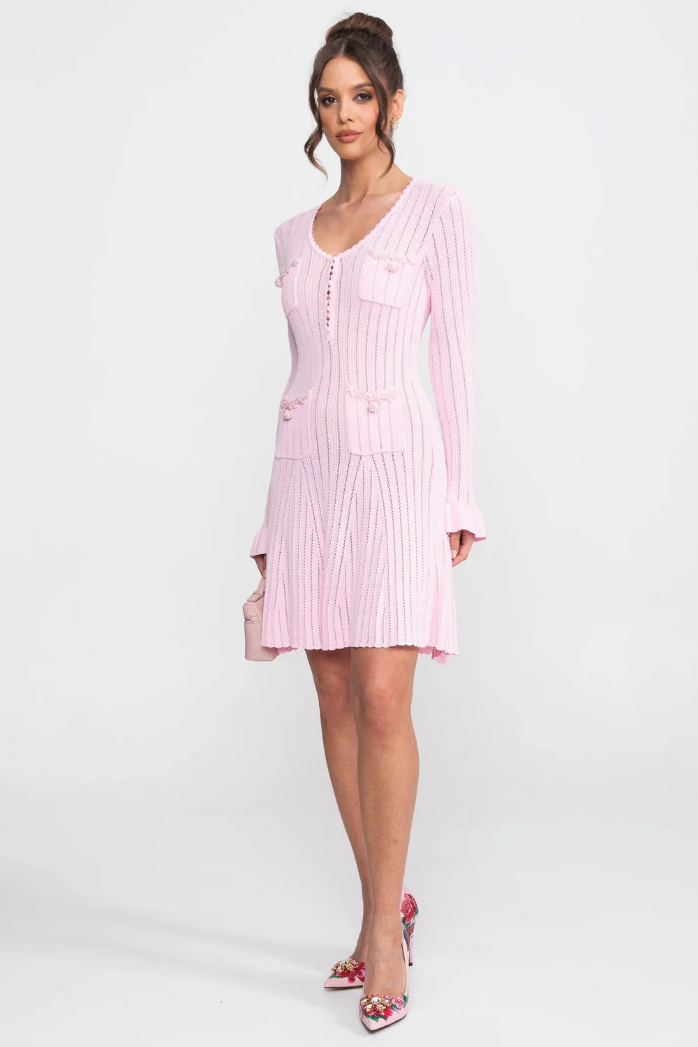 Open-Knit Mini Dress With Scallop Neck And Ruffle Cuffs - Pink