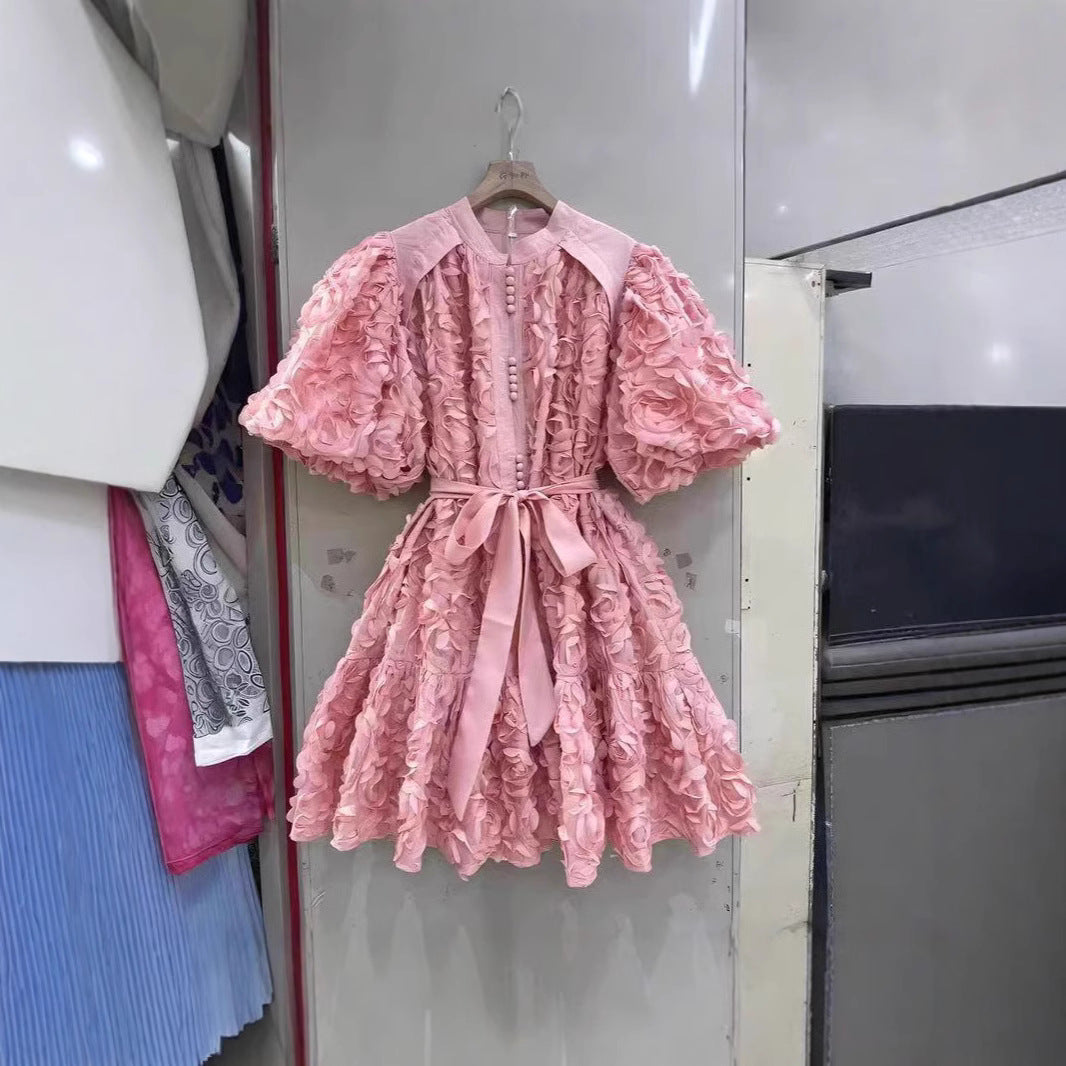 Round neck balloon sleeve short dress