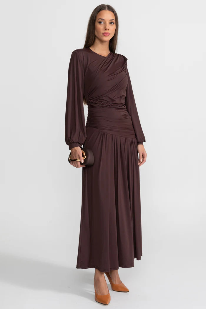 Draped Maxi Dress with Braided Waist Detail - Brown