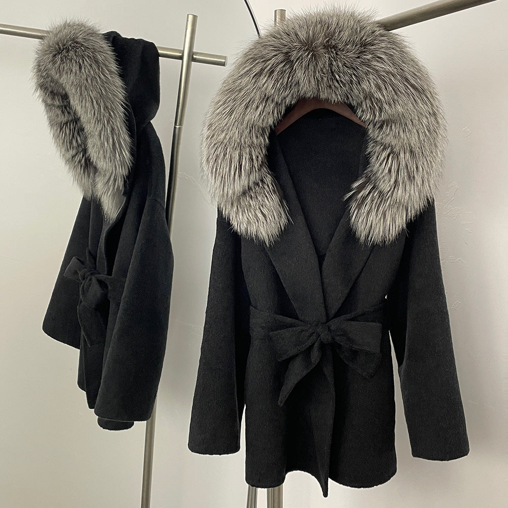 Two-color fur woolen coat