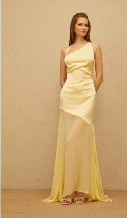 Chantal Yellow Asymmetrical Satin Maxi Dress