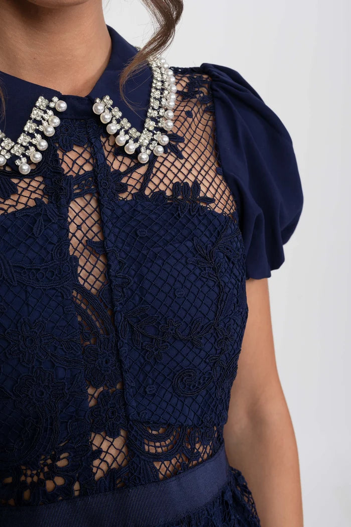 Puff Sleeves Lace Mini Dress With Pearl Collar - Navy