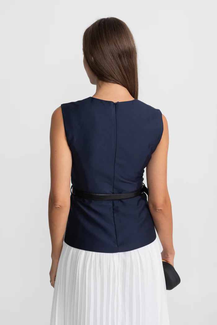 Sleeveless Midi Dress with Belted Waist and Contrast Skirt - Navy