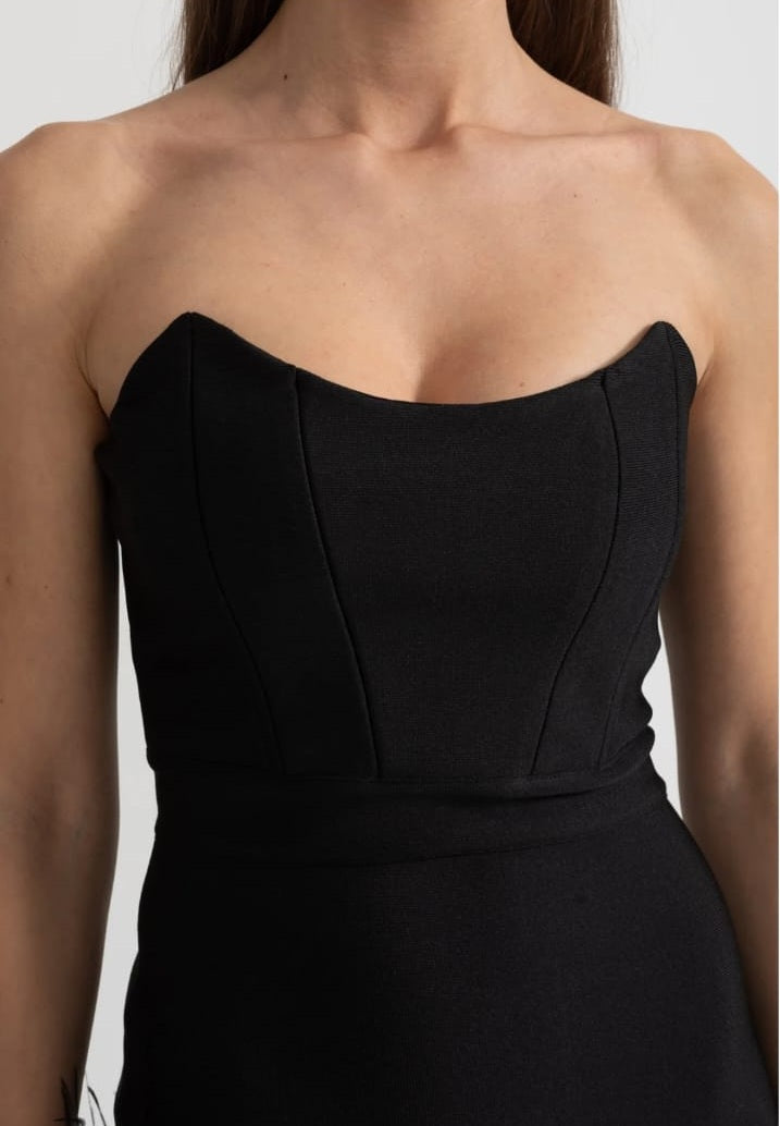 Strapless Feather-Trimmed Dress With Fitted Bodice And Asymmetrical Hemline - Black