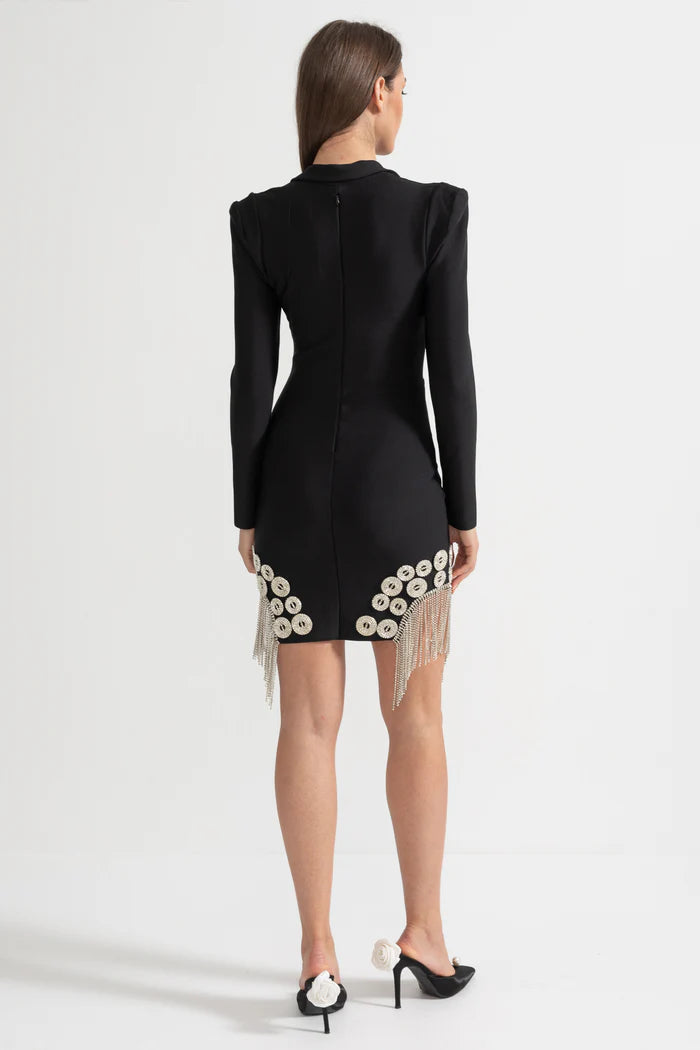 Crystal Embellished Blazer Dress With Structured Shoulders, Deep V-Neckline And Sparkling Fringed Hem - Black