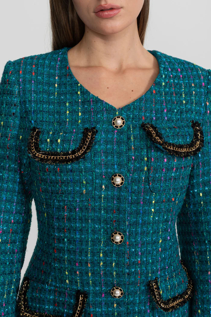 Embellished Tweed Midi Dress With Structured Shoulders – Teal