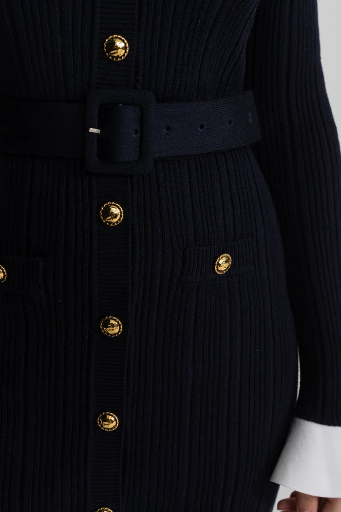 Ribbed Knit Midi Dress with Gold Button Fastening - Dark Blue