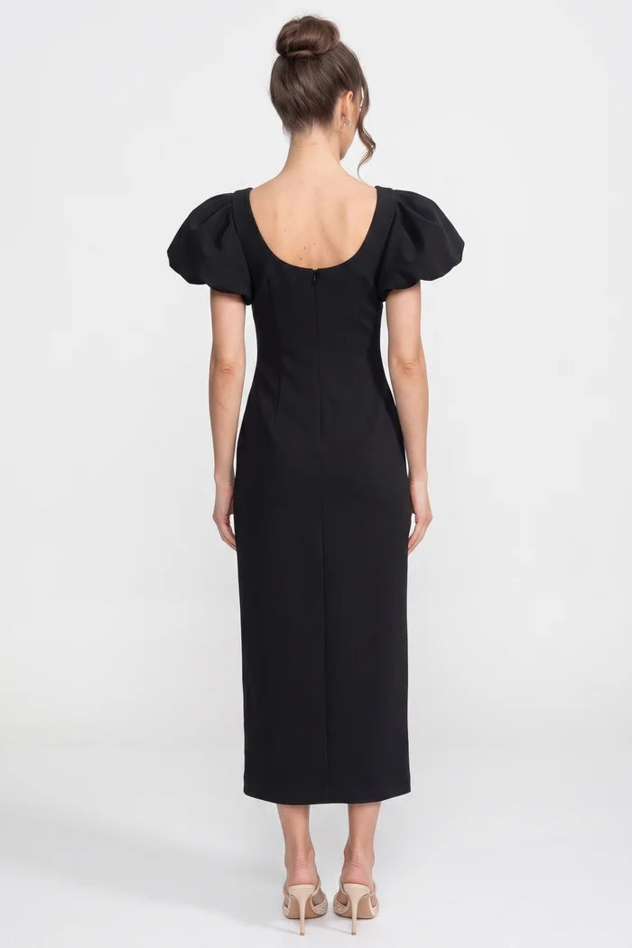 Structured Shoulder Maxi Dress With 3D Iris Floral Appliqué - Black