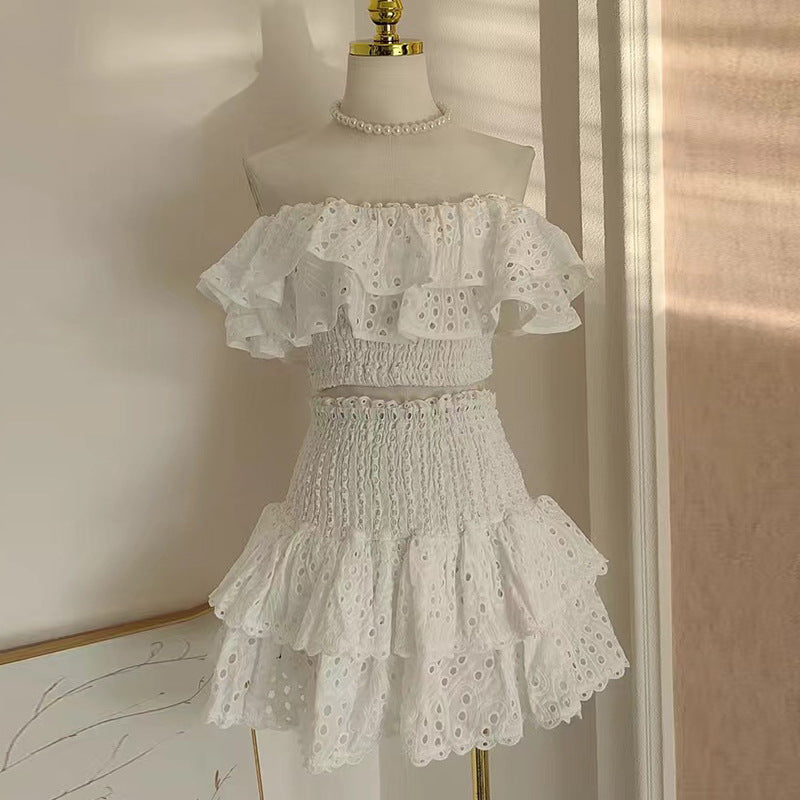 cut-out one-shoulder crop top + ruffle skirt set