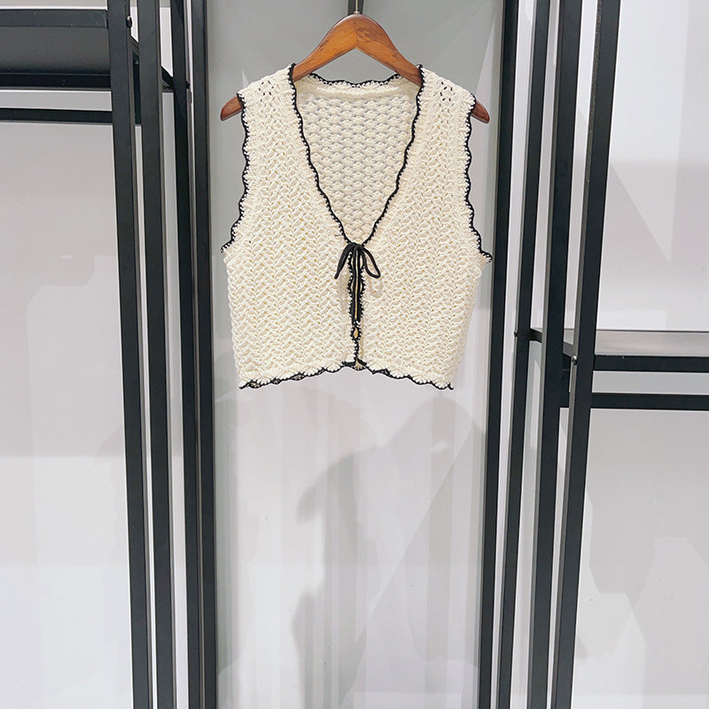 Crochet Mesh Vest Knitted Black Edge  pants set