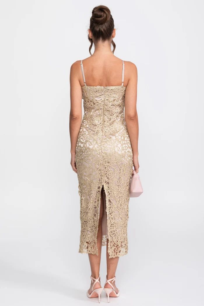 Metallic Lace Sheath Dress With Square Neck - Gold
