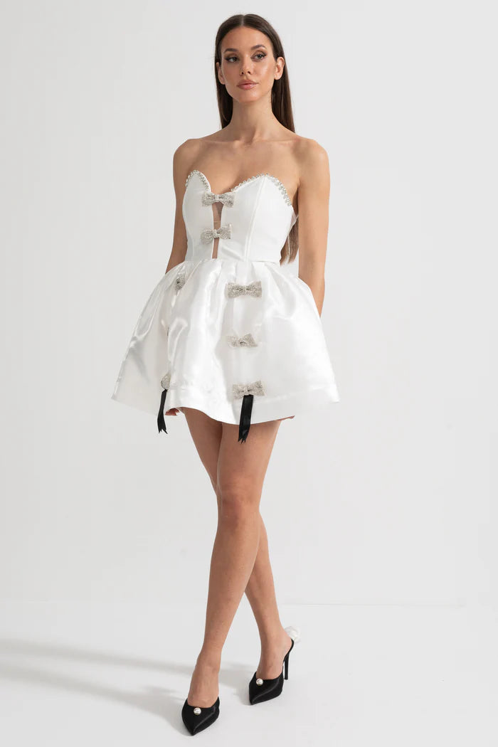 Strapless Mini Dress with Crystal Bow Embellishments - White
