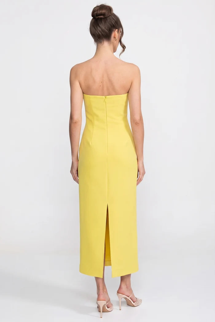 Strapless Floral-Print Midi Dress With Column Silhouette - Yellow