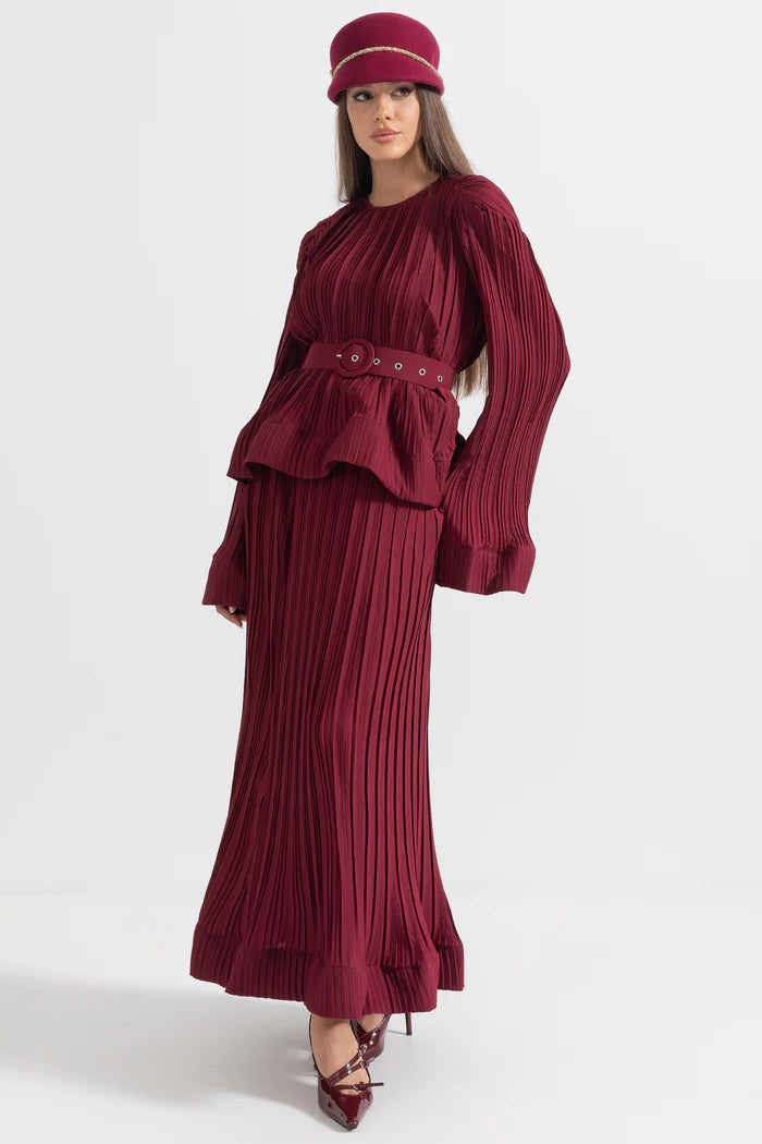 Elegant Ensemble With Pleated Top And Maxi Skirt - Burgundy