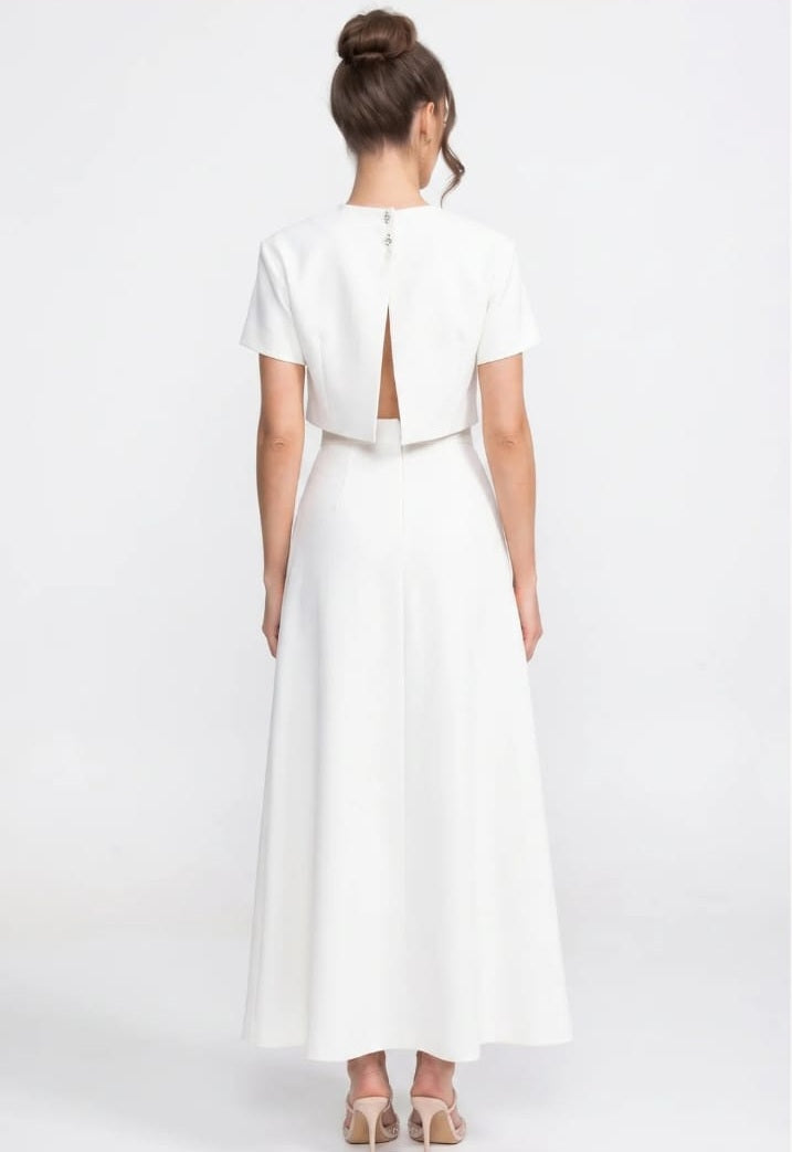 Short-Sleeve Floral-Print Co-Ord Set With Crop Top And Maxi Skirt - White
