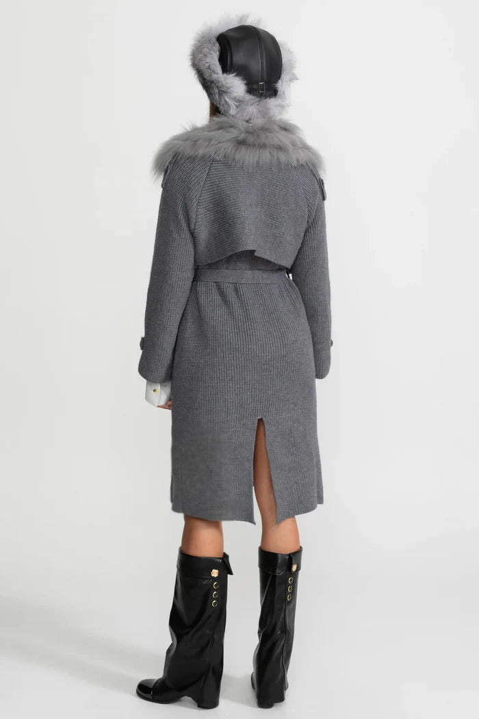 Double-Breasted Wool Knit Overcoat With Fur Trim – Grey