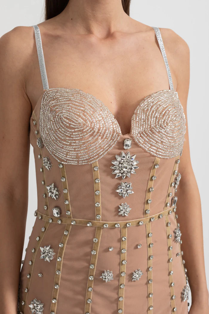 Mini Dress With Fitted Bodice, Silver Beading Accents And Sparkling Fringed Hem - Beige