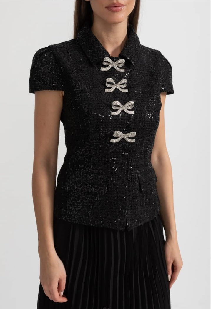 Elegant Dress With Sequined Top And Pleated Skirt - Black