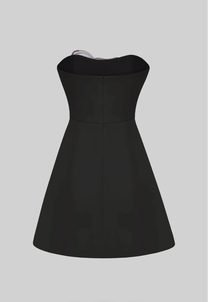 Strapless Short Dress with 3D Iris Floral Appliqué - Black