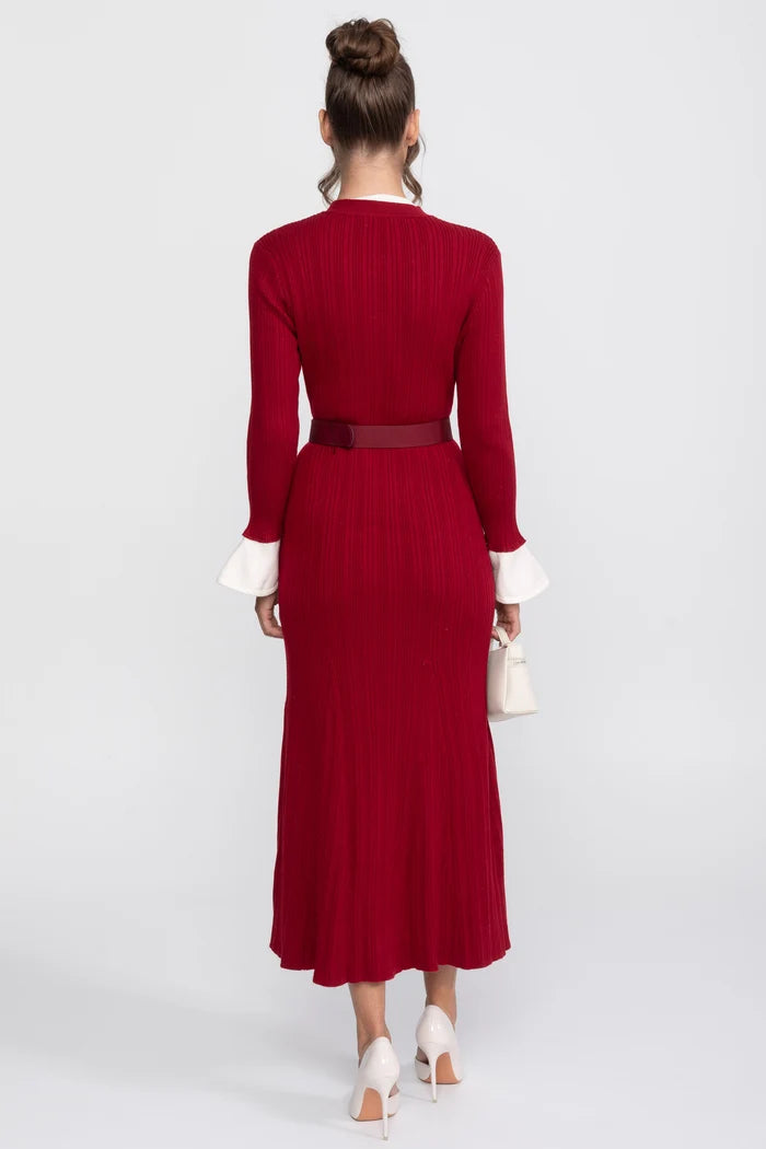 Ribbed Knit Belted Midi Dress With White Cuffs And Collar - Red