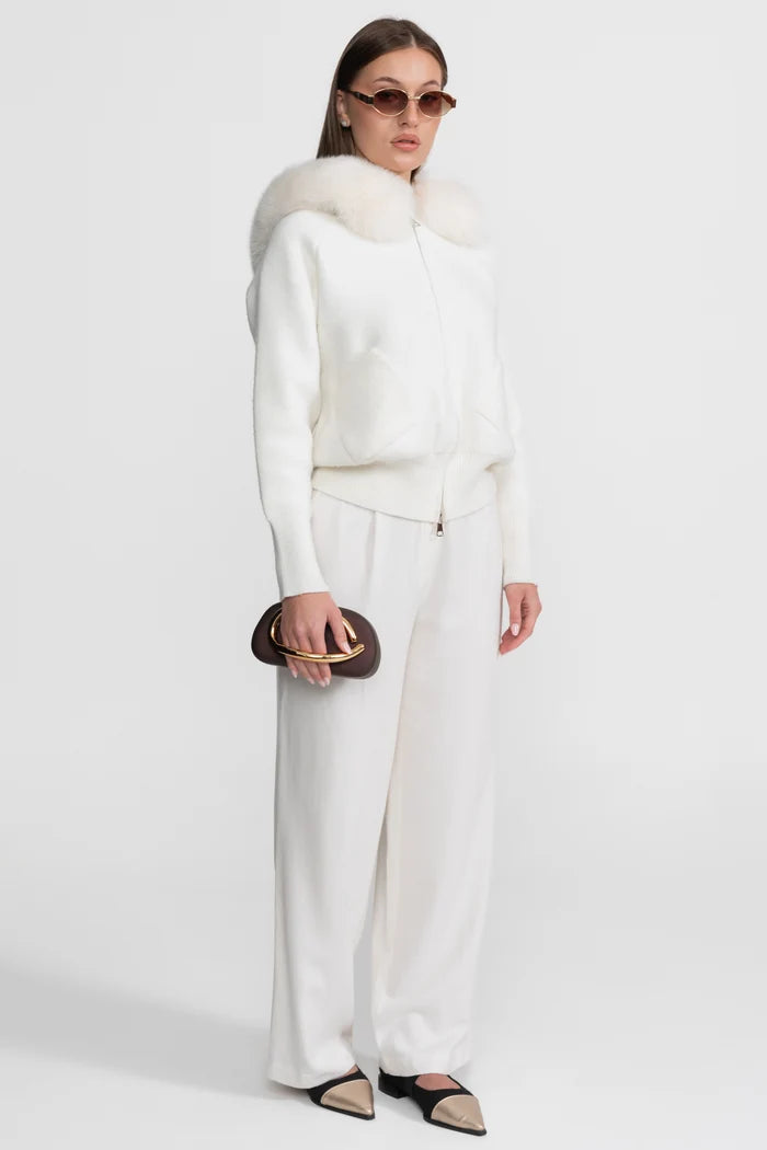 Zip-Up Wool Hoodie With Fox Fur Collar – Ivoire