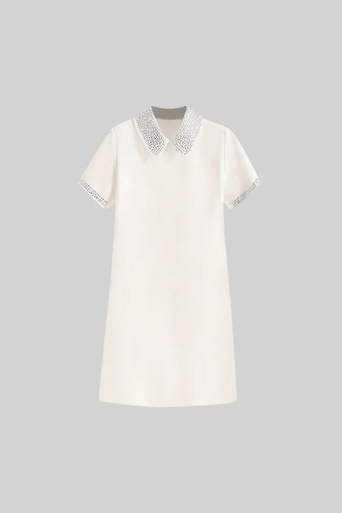 SHORT SLEEVE CLASSIC DRESS WITH JEWEL COLLAR - WHITE