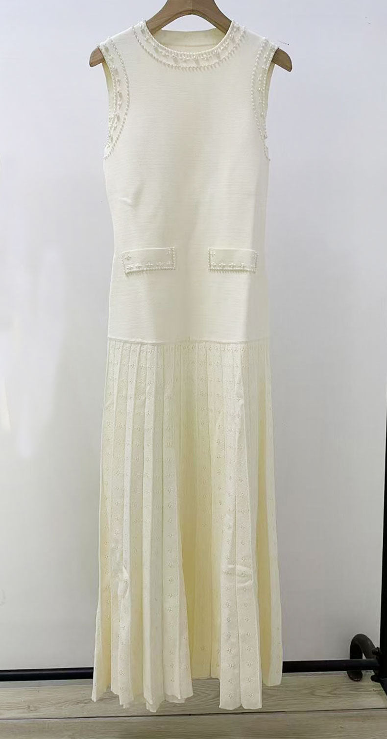 Pearl trimmed knit jacket + sleeveless long dress