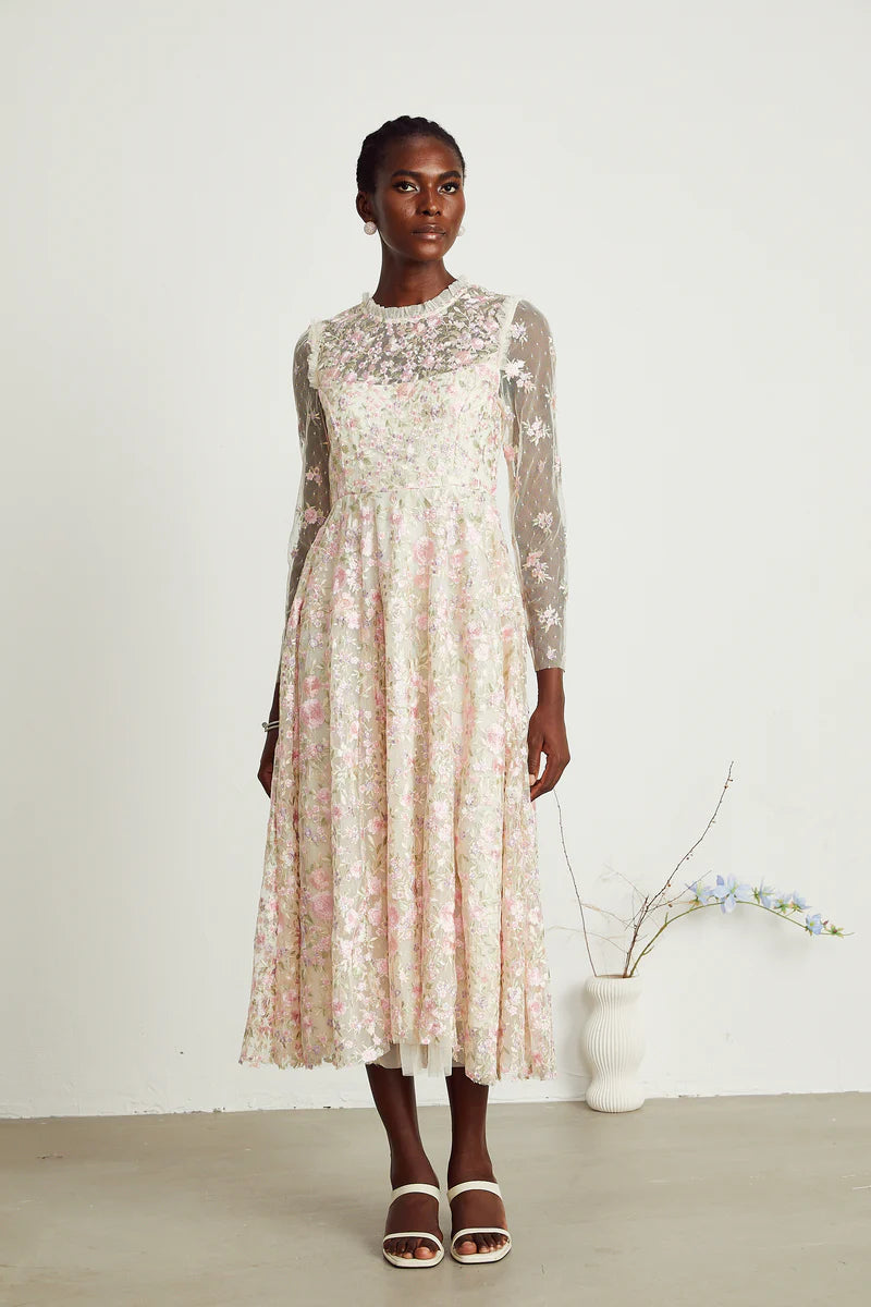 Lucie floral embroidered tulle midi dress