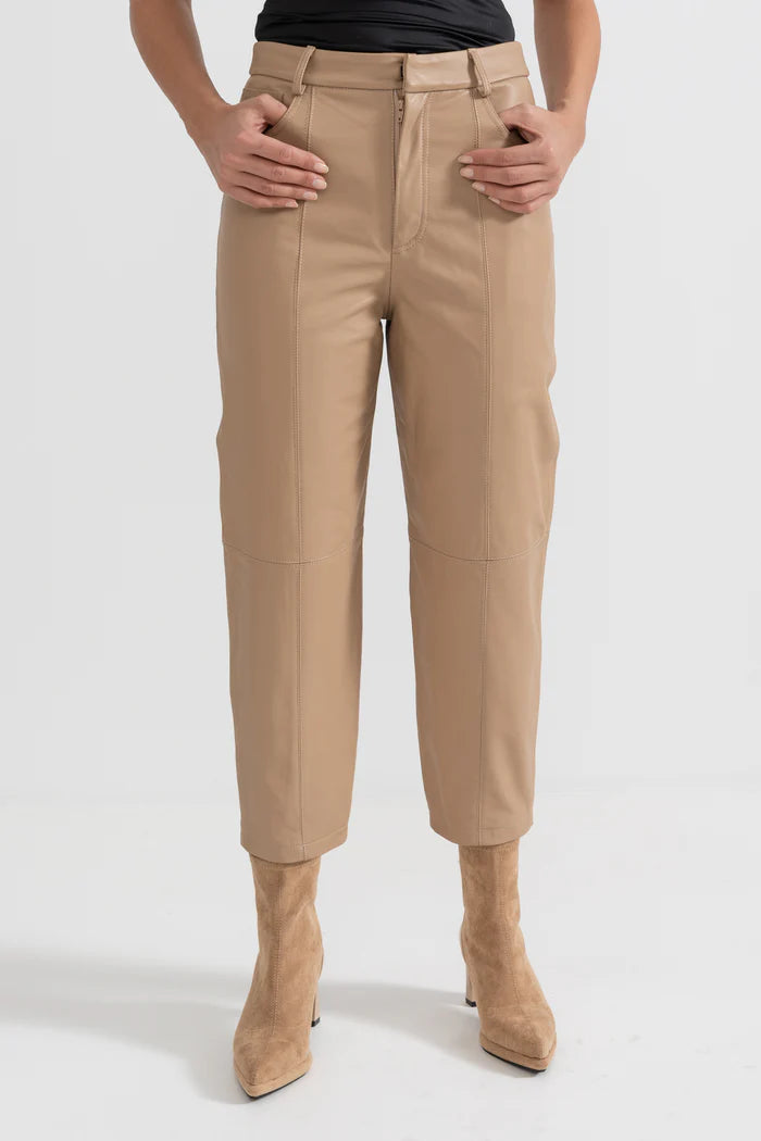 Leather Straight Leg Trousers With Decorative Stitching - Beige