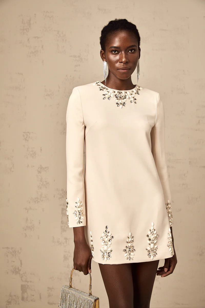 Mélissa crystal-embellished long-sleeved mini dress in Neutrals