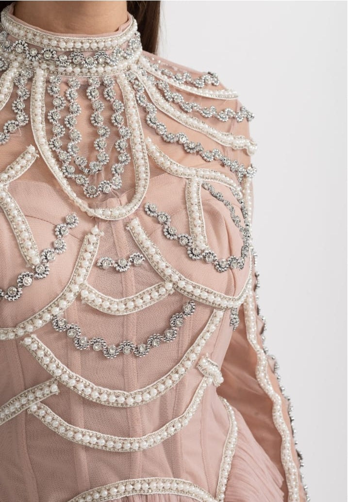 Elegant Long Sleeved Dress With Layered Ruffled Skirt And Intricate Sparkling Embellishments - Pink