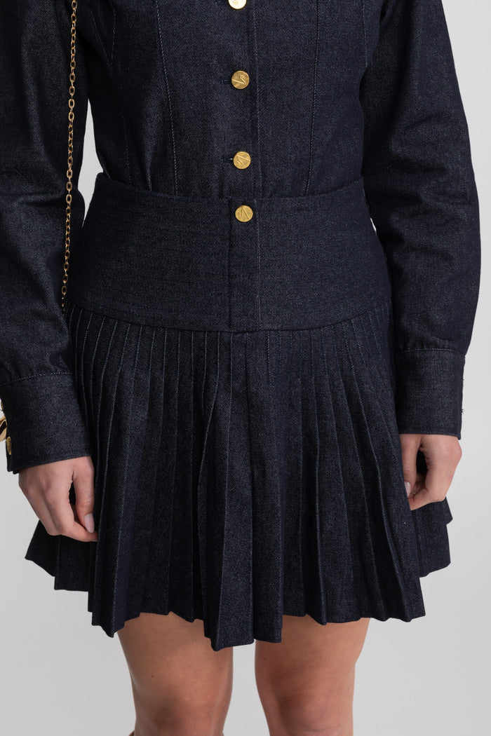 Denim Co-ord Set with Pleated Skirt and Gold Buttons - Dark Blue