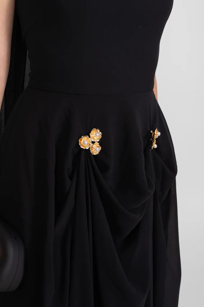 Strapless Draped Gown With Gold Flower Embellishments – Black