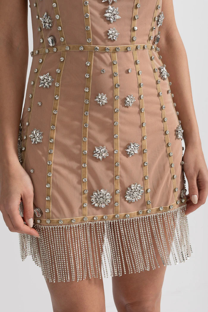 Mini Dress With Fitted Bodice, Silver Beading Accents And Sparkling Fringed Hem - Beige