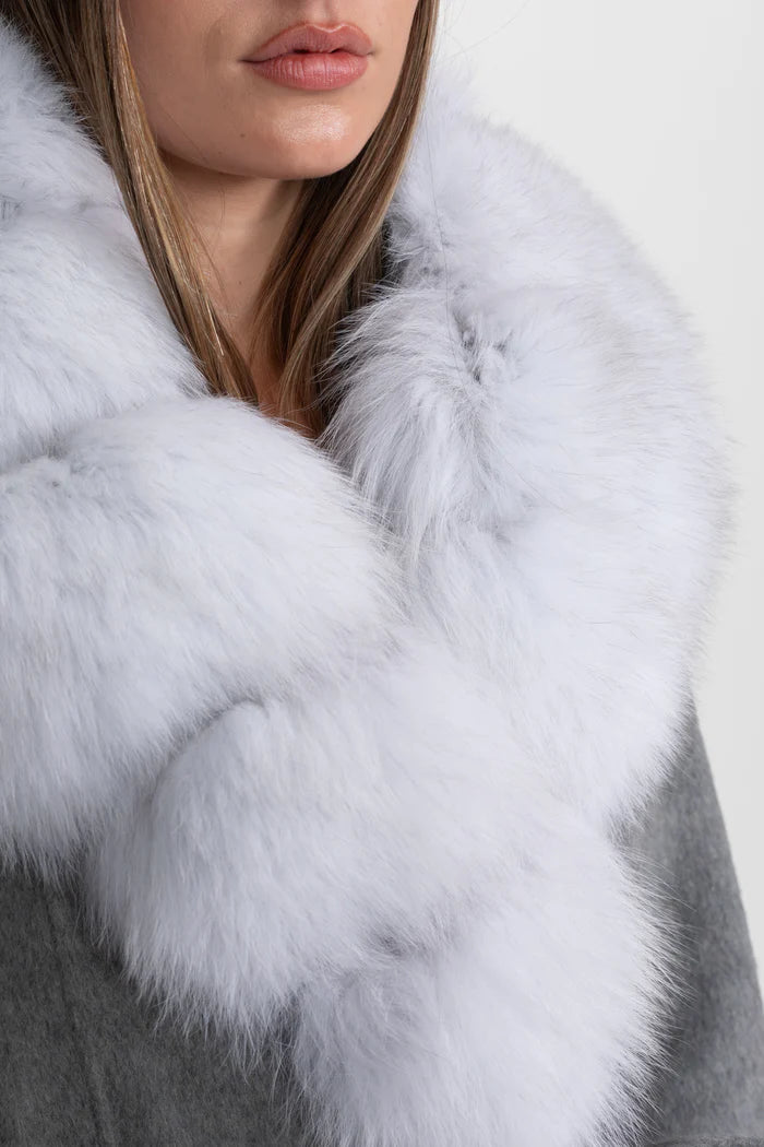 Wool Wrap Coat with Fox Fur Collar And Tie Belt – Gray