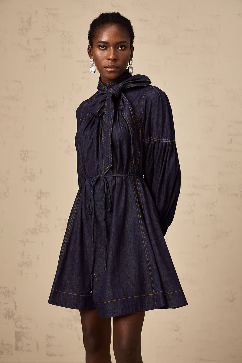 Mirabel narblue contraste-coutet denim mini robe