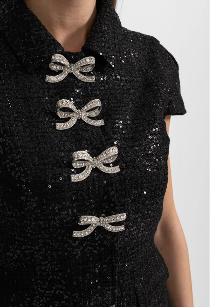 Elegant Dress With Sequined Top And Pleated Skirt - Black