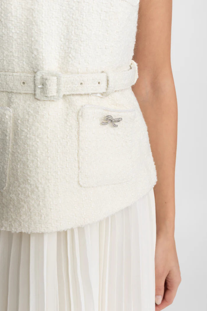Sleeveless Textured Midi Dress with Pleated Chiffon Skirt – Ivoire