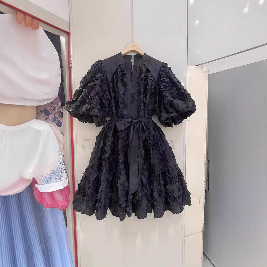 Round neck balloon sleeve short dress