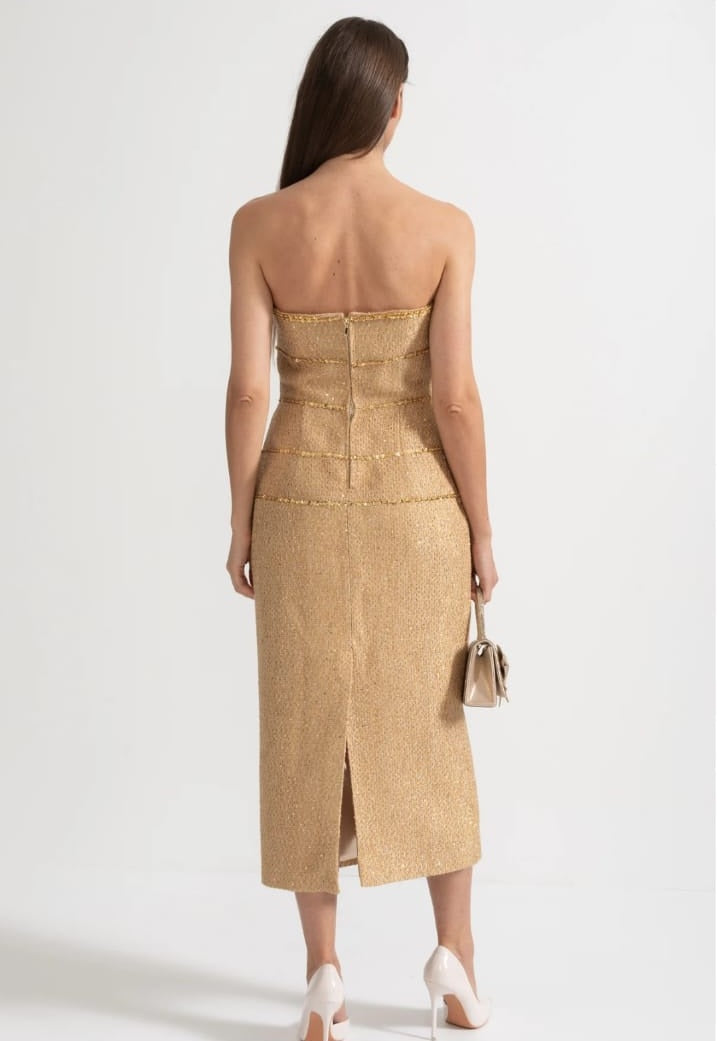 Strapless Textured Dress With Sequin Decorative Trim And Sparkling Ribbon Appliques - Gold