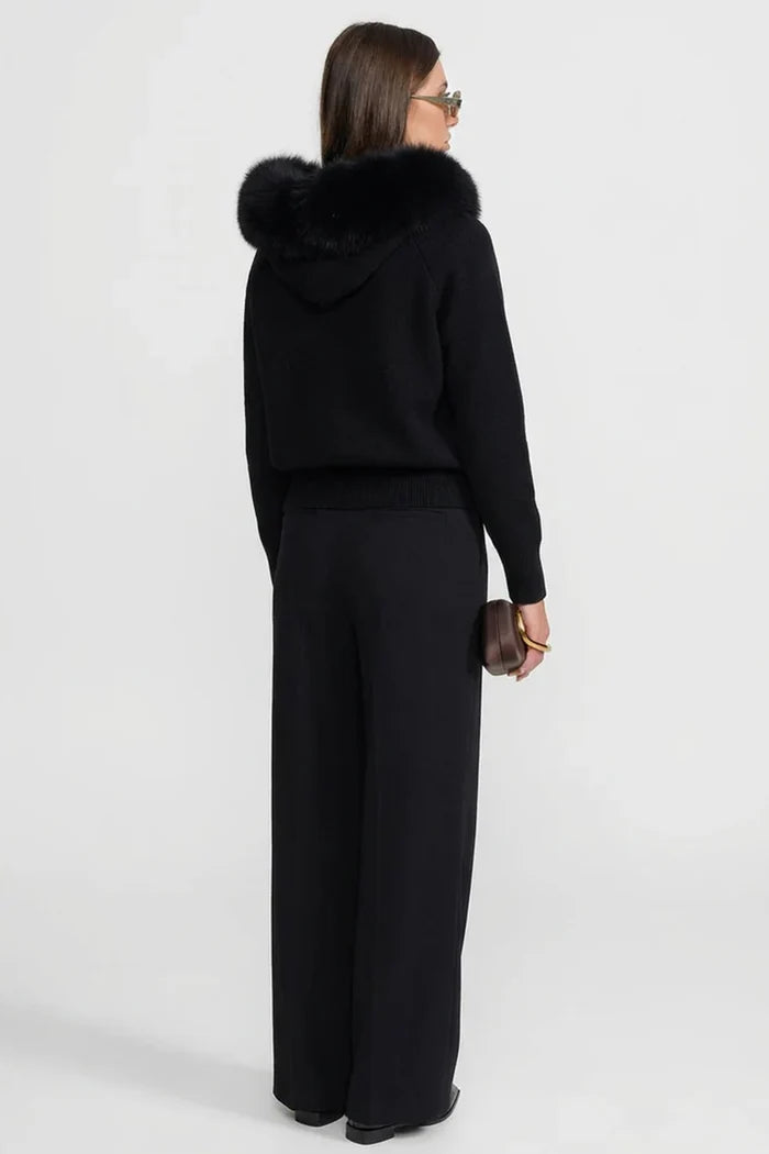 Zip-Up Wool Hoodie With Fox Fur Collar – Black