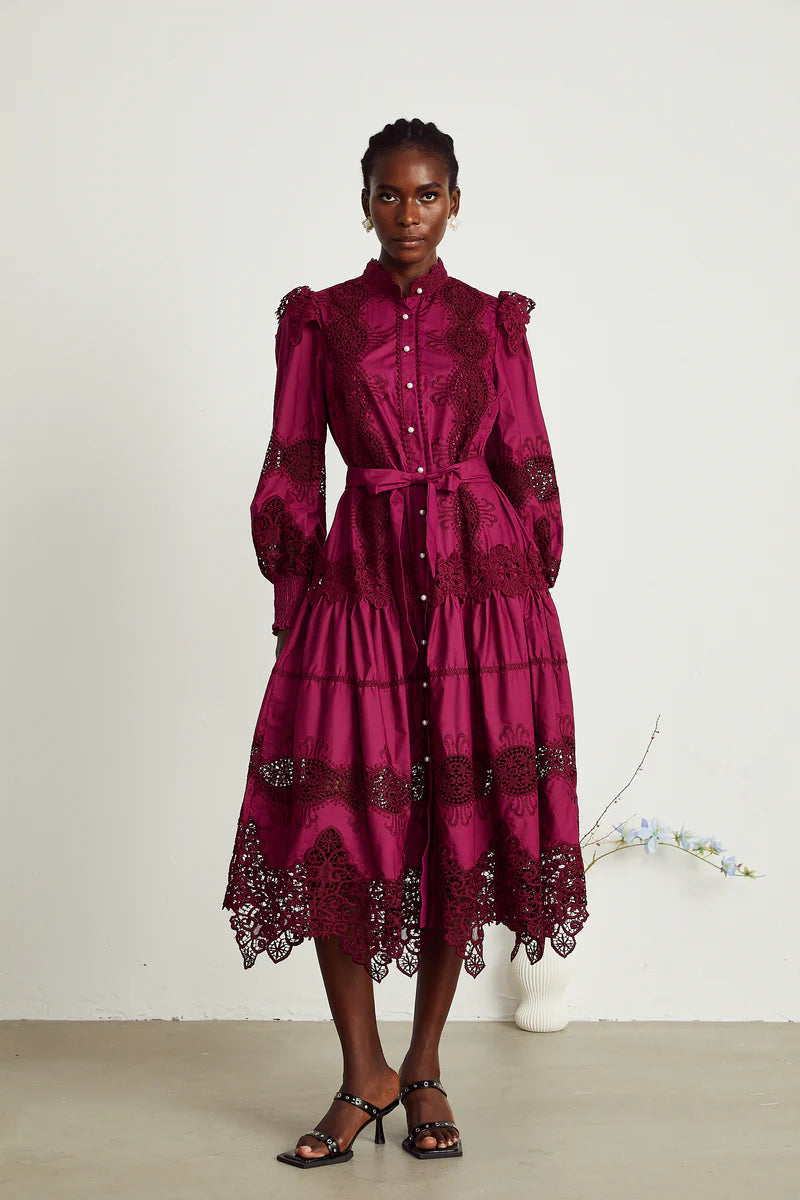 Josiane red guipure-lace midi dress