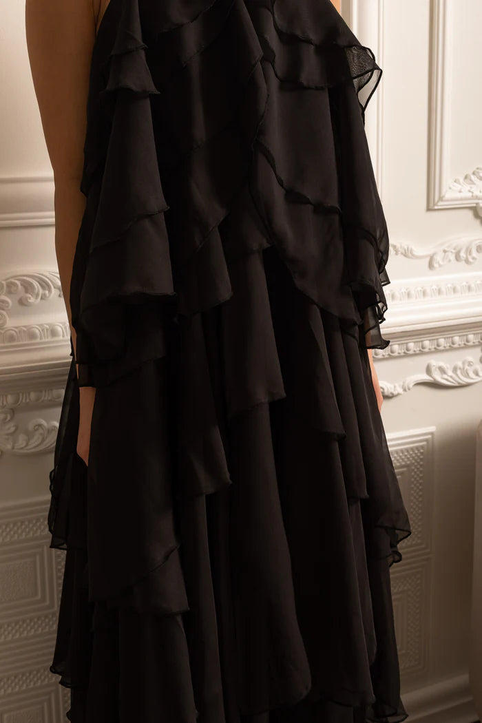 Layered Ruffle Halter Dress With Decorative Neckline Flower - Black
