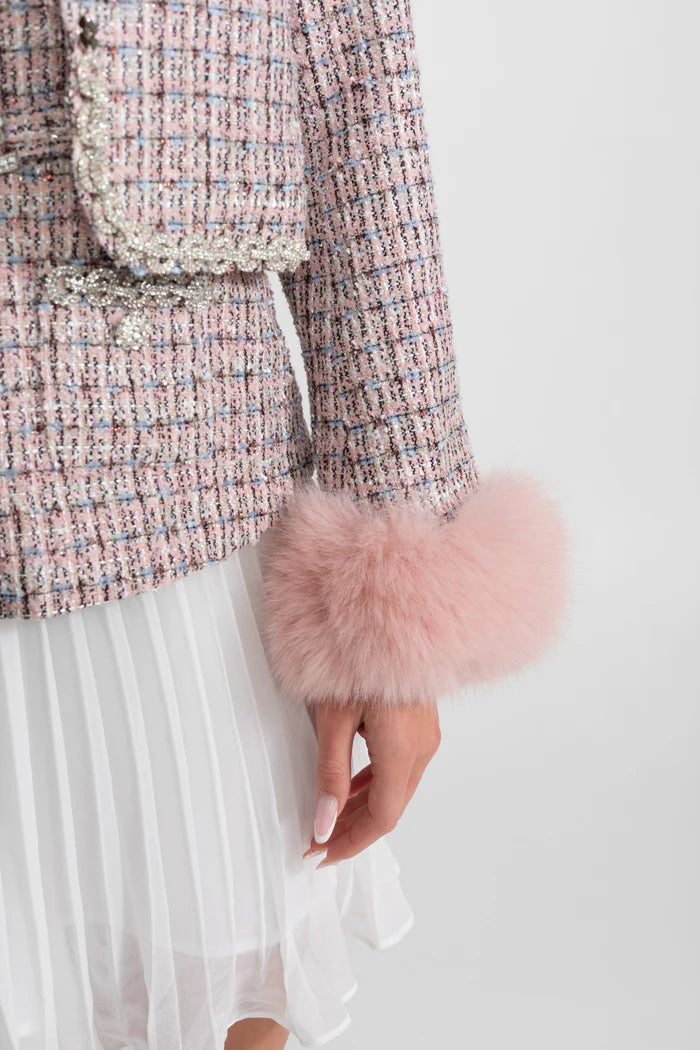 Tweed Cropped Jacket with Faux Fur Cuffs - Pink
