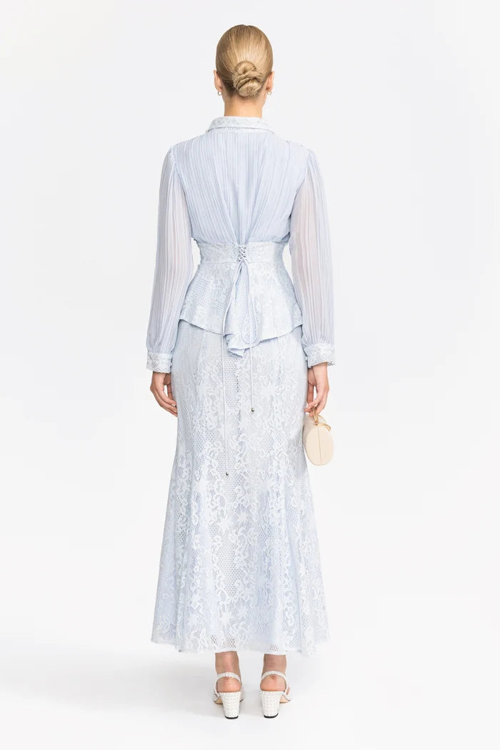 Pleated Chiffon Lace Peplum Blouse and Maxi Skirt Set - Light Blue