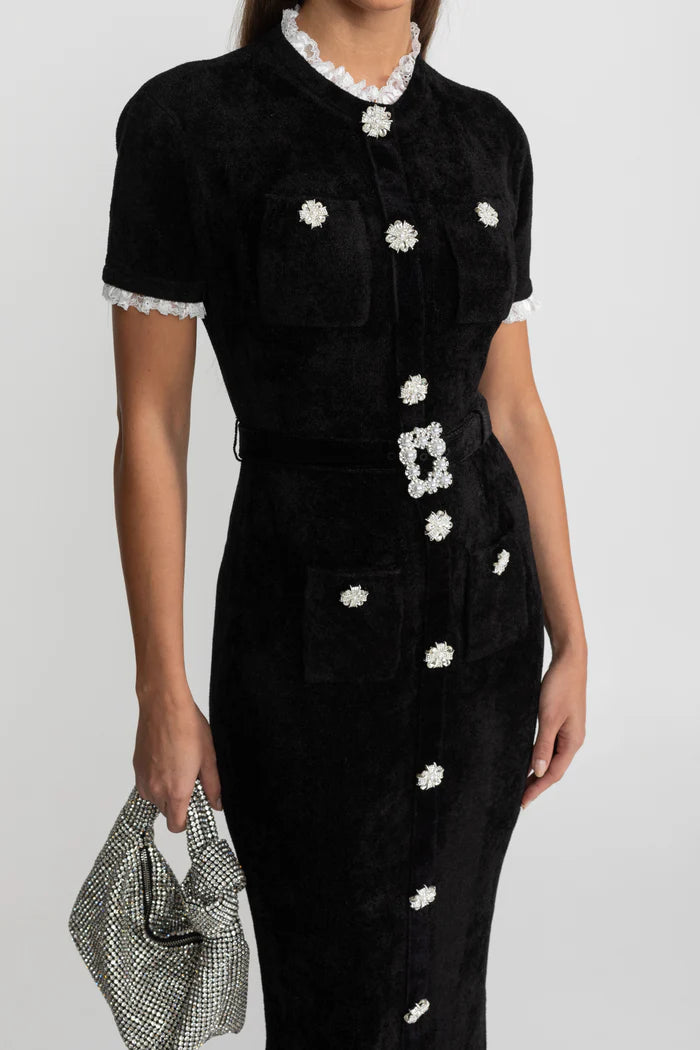 Elegant Midi Dress With Crystal Buttons and Lace Trim – Black