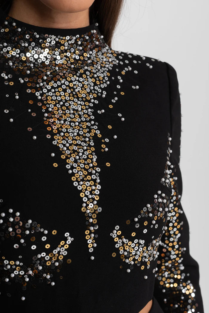 Embellished Co-Ord Set with Silver and Gold Sequin Detailing - Black